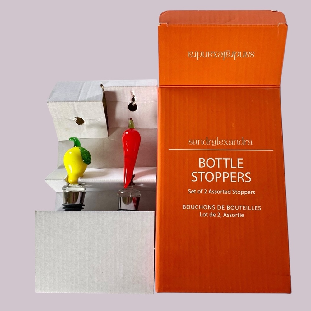 NWT Sandralexandra Set of 2 Hand Blown Glass Wine Bottle Stoppers Chili & Lemon